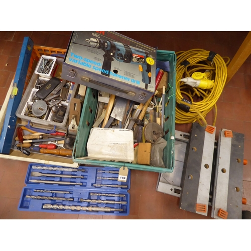 Crates of tools, heavy duty masonry drill bits, Bosch drill, Black ...
