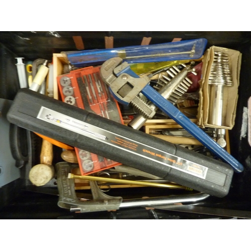 Crate of tools- torque wrench, Draper pipe wrench, chrome cork borers ...