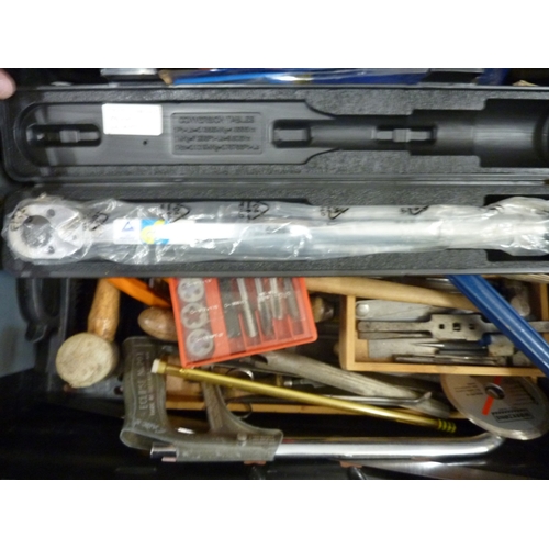 Crate of tools- torque wrench, Draper pipe wrench, chrome cork borers ...