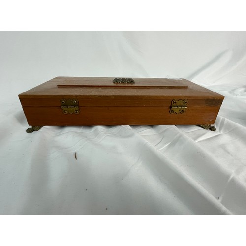 119 - Vintage Walnut and Brass heavy stationary box, with Brass claw feet and inlay