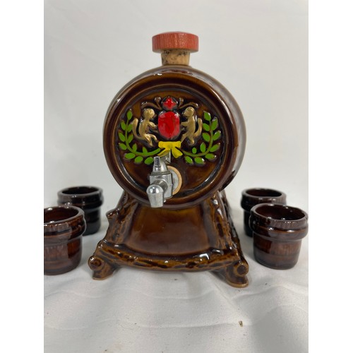 148 - Glazed Stonewear Beer Barrell and 4 Containers 15cm Tall