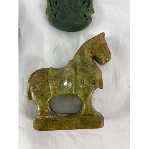 166 - Small Jade Horse, Snuff Bottle, Bio Rings Pendant and Fu Dog Face Plate.