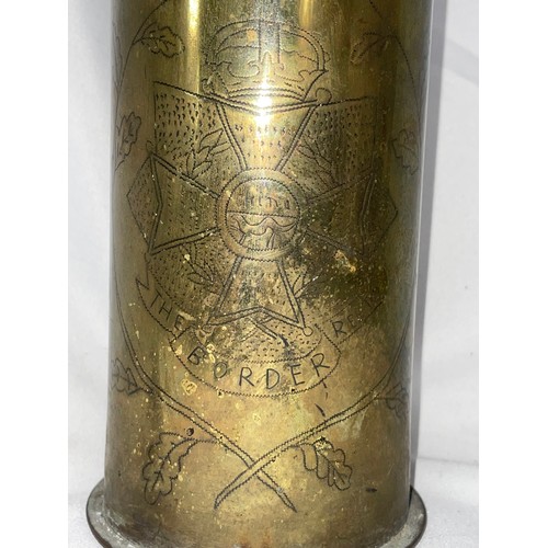 253 - Highly Detailed Trench Art Shell From WW1 Inscribed 'Arras 1914-1918 The Border Regiment'