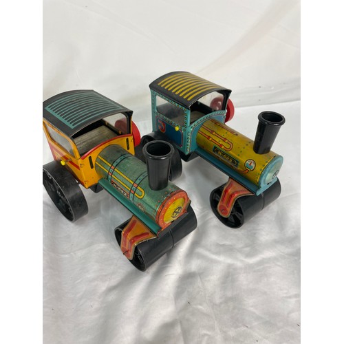 334 - 2 x Vintage Czechoslovakian Wind Up Tin Toy Steam Rollers