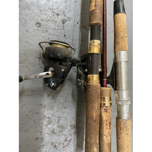 180 - 3 x Vintage Cork Handled Fishing Rods 2 Reels