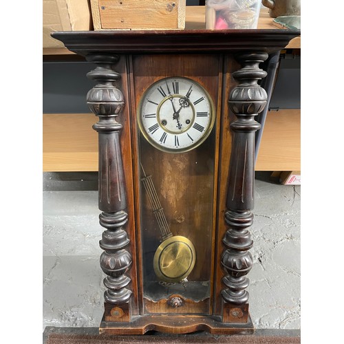 96 - Vintage Mahogany Clock With Enameled Face, Key & Pendulum