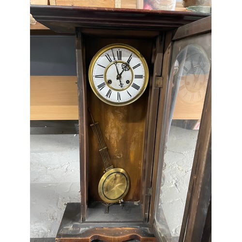 96 - Vintage Mahogany Clock With Enameled Face, Key & Pendulum