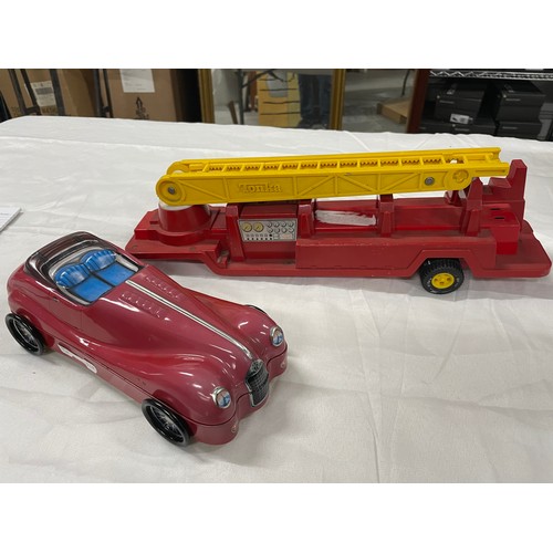 89 - Classic Vintage Tin Tonka Fire Engine Trailer & Retro Toffee Tin In The Shape Of A Car