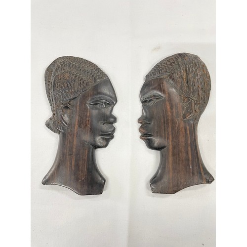 118 - 2 x Fruit Wood African Carved Head Plaques