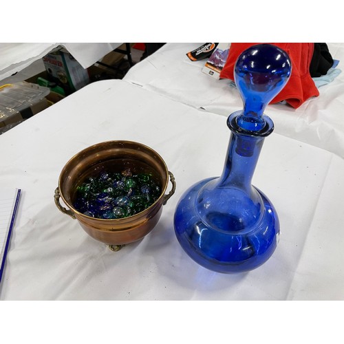 33 - Brass & Copper 32 Footed Planter & Blue Glass Decanter