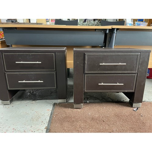 302 - 2 x Quality Leather Covered Bedside Cabinets In Dark Leather & White Stitching