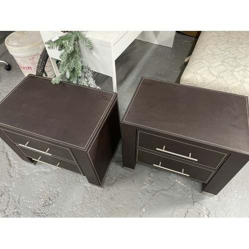 302 - 2 x Quality Leather Covered Bedside Cabinets In Dark Leather & White Stitching