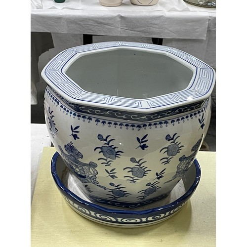 27 - Large Hand Painted Chinese Blue & White Garden Planter & Gold Terracotta Urn