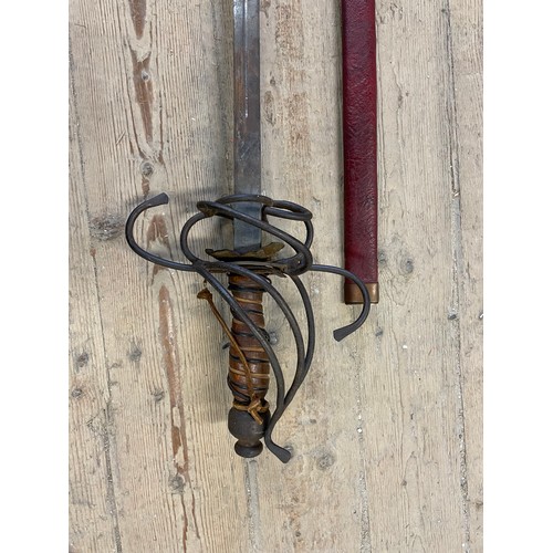 251 - Scratch Made Re Enactment Sword With Leather Scabbard & Ornate Hilt