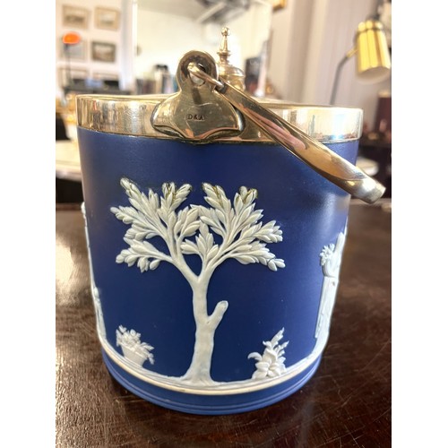 287 - Antique Wedgwood Dark Blue & White Jasperwear Tea Caddy Silver Plated By Daniel & Arter c1920