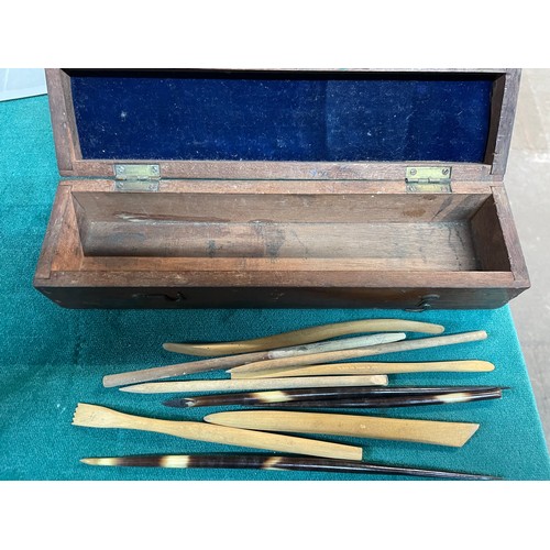 303 - Wooden Pencil Box With Craft Instruments & Porcupine Quills