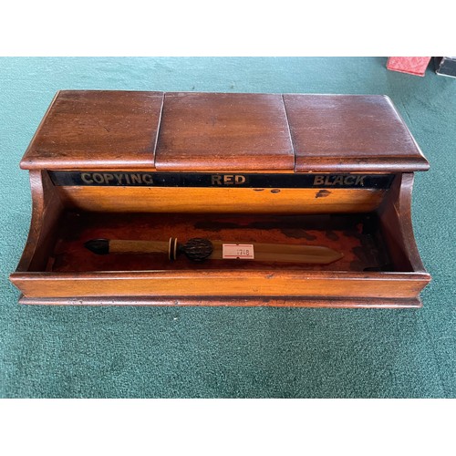 313 - Antique Mahogany Inkwell Trio With Original Porcelain Liners & Letter Opener