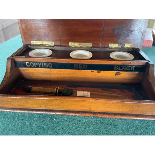 313 - Antique Mahogany Inkwell Trio With Original Porcelain Liners & Letter Opener