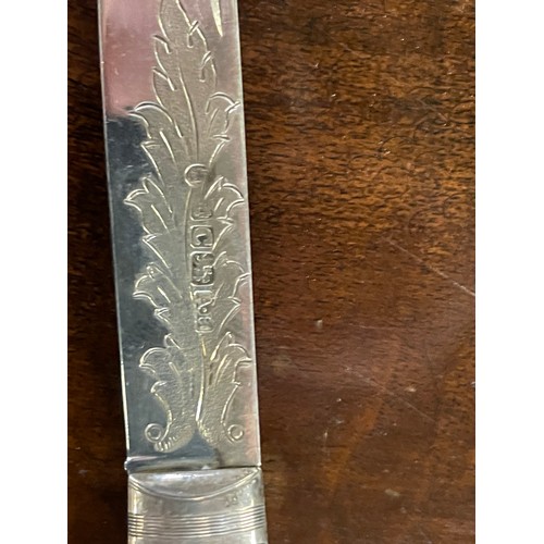 220 - A fine George III cased campaign mother of pearl folding fruit knife and fork, with the knife carved... 