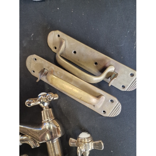 7 - Two pairs of vintage brass taps with a pair of Vintage door brass latch handles