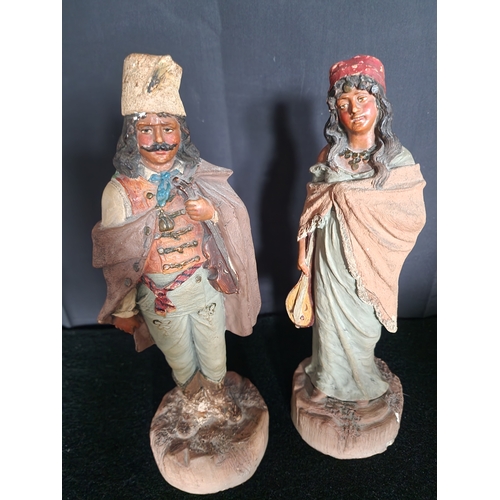 41 - Antique Moorish Gypsy Woman & Man Austrian Cold Painted Terracotta Clay Statues
