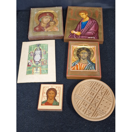 51 - A selection of religious Icon plaques and a loom woven picture
