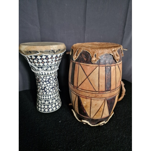 114 - Small Hand Carved Animal Skin and Wood African Tribal Hand Drum and a bongo drum