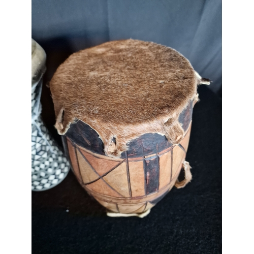 114 - Small Hand Carved Animal Skin and Wood African Tribal Hand Drum and a bongo drum