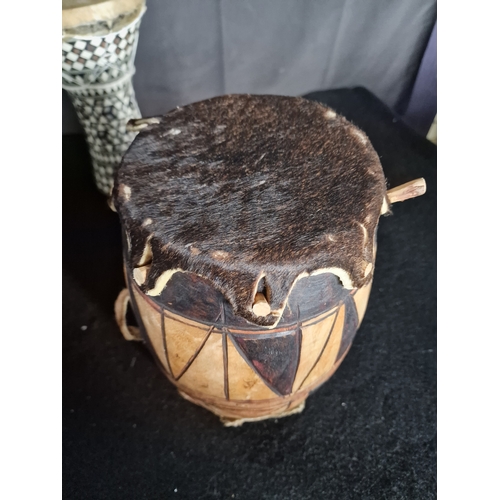 114 - Small Hand Carved Animal Skin and Wood African Tribal Hand Drum and a bongo drum