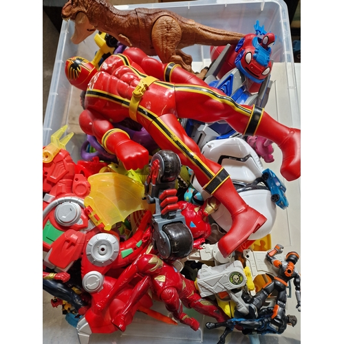 135 - Two large boxes of toys including, spider man, interactive dinosaurs, iron-man, batman etc