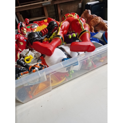 135 - Two large boxes of toys including, spider man, interactive dinosaurs, iron-man, batman etc