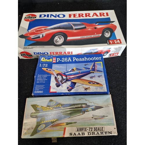 148 - Three Vintage airfix model kits including Airfix-72 SAAB Draken, Dino Ferrari and Revell P-26A Peash... 