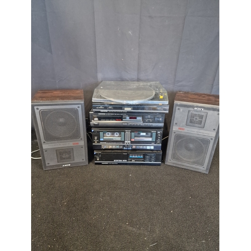 395 - Memorex stacker system with turn table and Sony speaker