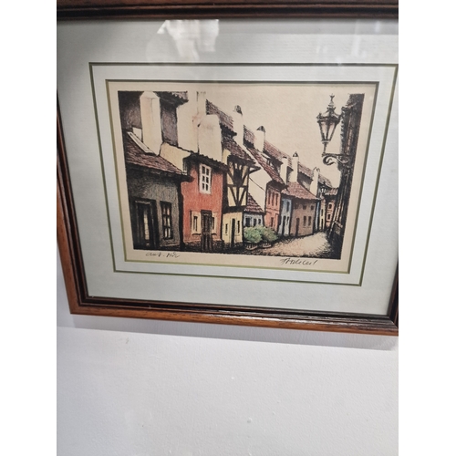 113 - Framed signed picture print. Street scene. Size 22x26cm