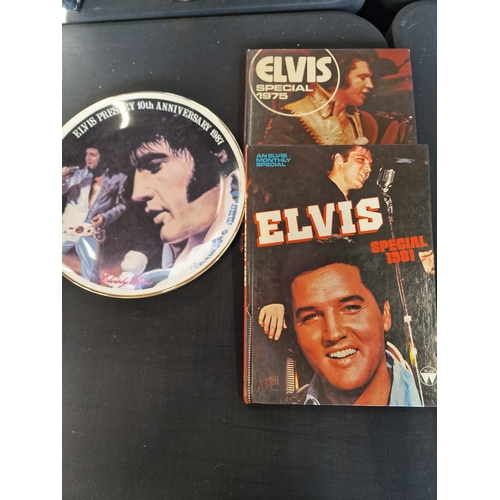 168 - Elvis Presley bundle. Including 10th Anniversary plate 1987, two Evlis annuals 1975 and 1981