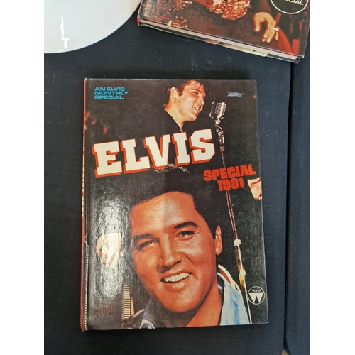 168 - Elvis Presley bundle. Including 10th Anniversary plate 1987, two Evlis annuals 1975 and 1981