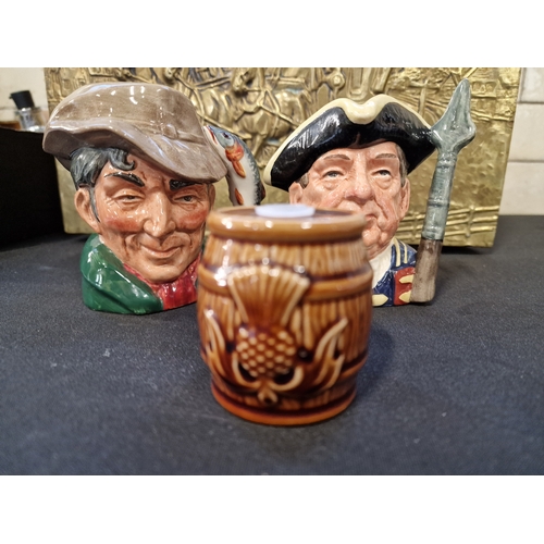 197 - Two mini royal doulton Toby jugs Guardsman 1954 & The Poacher 1962 and a Beneagles Scottish Whiskey ... 