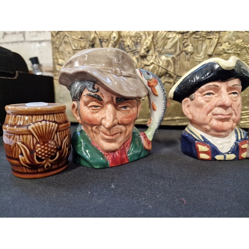 197 - Two mini royal doulton Toby jugs Guardsman 1954 & The Poacher 1962 and a Beneagles Scottish Whiskey ... 