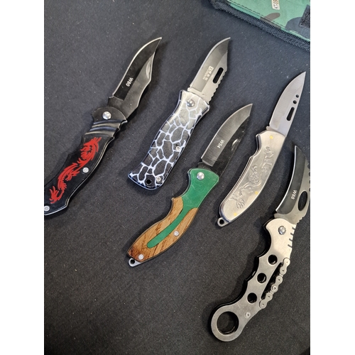 334 - Seven fishing flip knives various designs