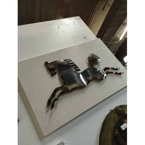 308 - Hand made Steel Horse on Wooden board picture art Approx. 69x43cm