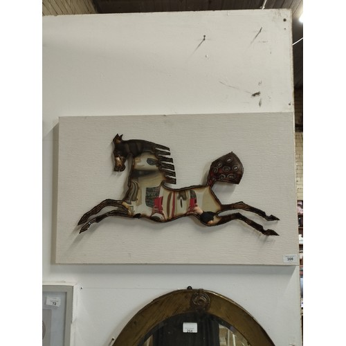 308 - Hand made Steel Horse on Wooden board picture art Approx. 69x43cm