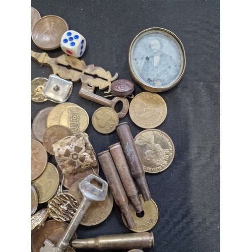 54 - A mix bundle of coins, military buttons, brass army shells and other vintage items