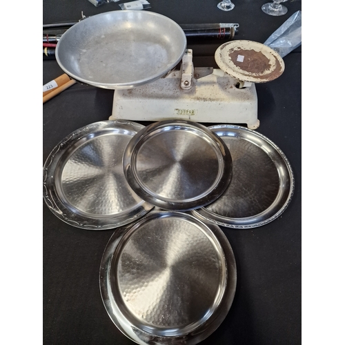 62 - Harper vintage scales and four stainless serving servers