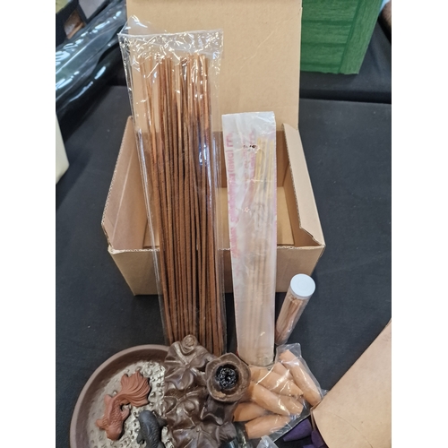 66 - Two fish ceramic waterfall backflow incense holder with backflow incense cones and incense sticks.