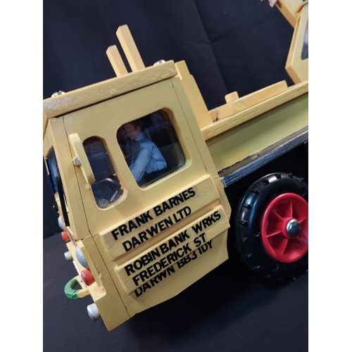 3 - Hand Made Wooden Toy Crane in Frank Barnes Darwen Ltd Livery. Total Length Approx 85cm. Working Jib ... 