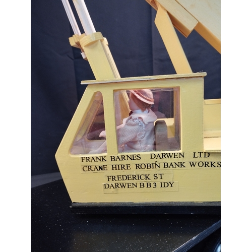 3 - Hand Made Wooden Toy Crane in Frank Barnes Darwen Ltd Livery. Total Length Approx 85cm. Working Jib ... 