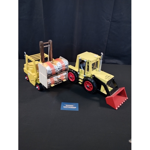 5 - Hand Made Wooden Toy JCB Shovel Nose Tractor and Fork Lift Truck with Pallet Loads. Total Length App... 