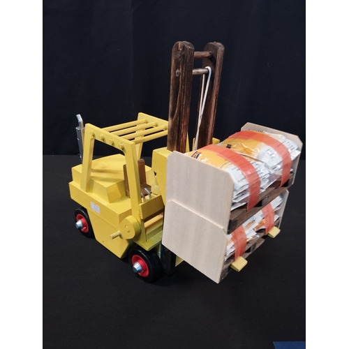 5 - Hand Made Wooden Toy JCB Shovel Nose Tractor and Fork Lift Truck with Pallet Loads. Total Length App... 