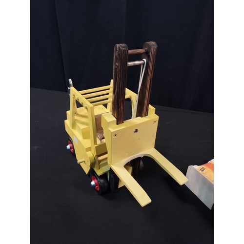 5 - Hand Made Wooden Toy JCB Shovel Nose Tractor and Fork Lift Truck with Pallet Loads. Total Length App... 