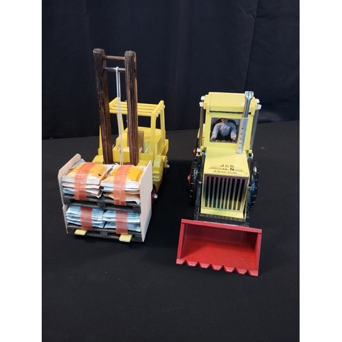 5 - Hand Made Wooden Toy JCB Shovel Nose Tractor and Fork Lift Truck with Pallet Loads. Total Length App... 